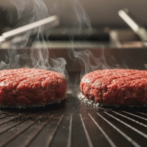 Choice ground beef patties just started cooking