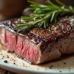 Thick cut new york steak on plate