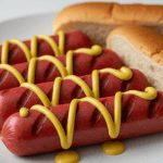 4 fresh uncooked hot dogs with mustard