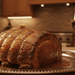 Cooked prime rib with glass of wine