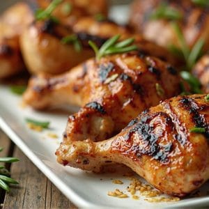 Grillrd chicken thighs on platter w garnish