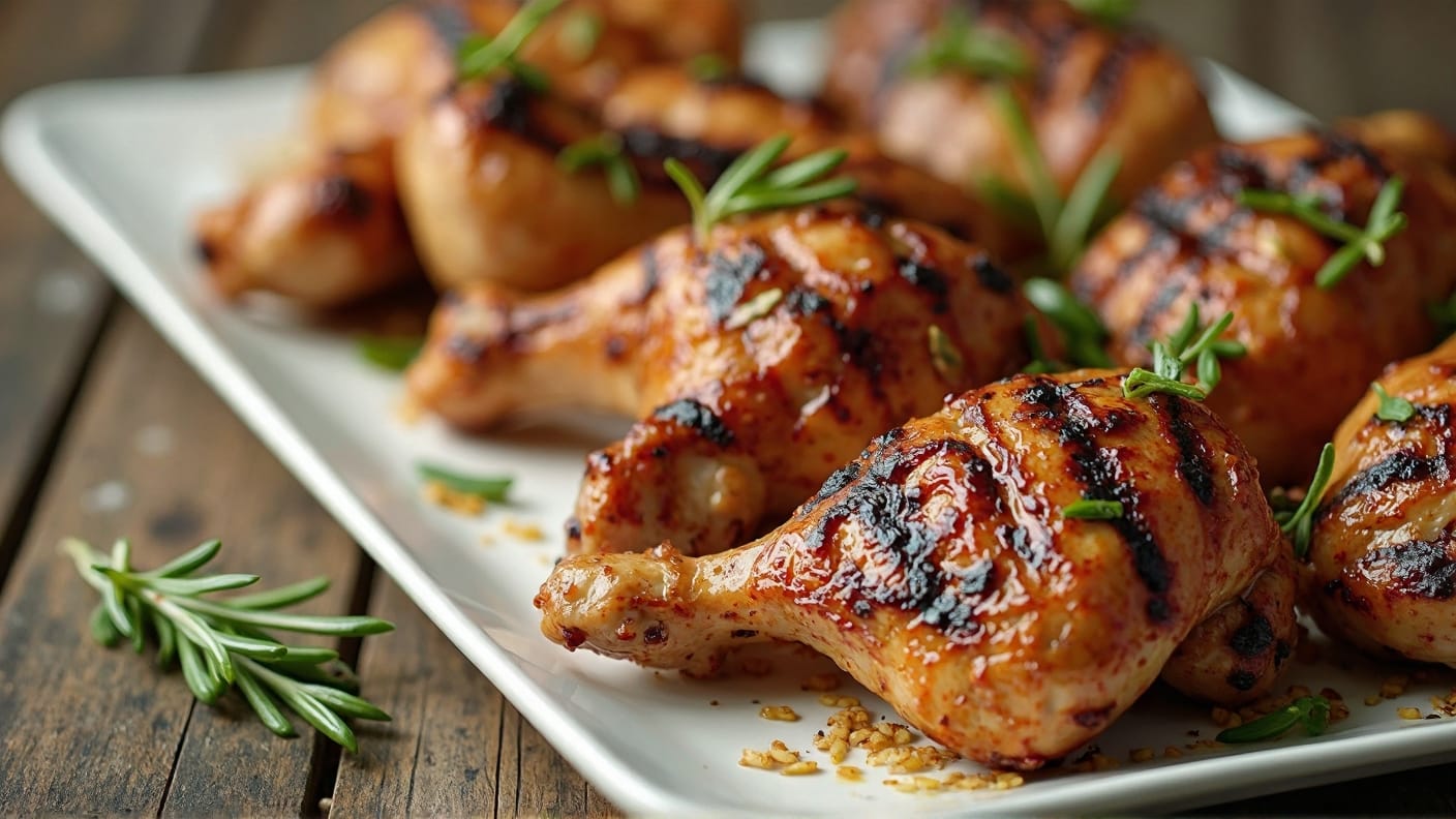 Grillrd chicken thighs on platter w garnish